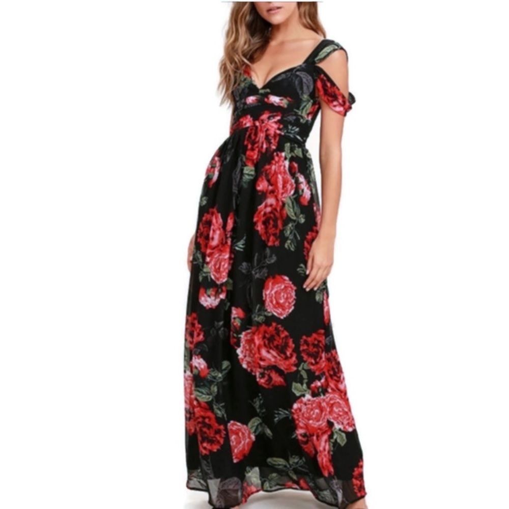 Lulu’s Black & Red Rose Cold Shoulder Maxi Dress